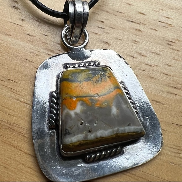 New Bumble Bee Jasper Stone Silver Overlay Pendant Necklace w Cord Bumblebee - Picture 6 of 6